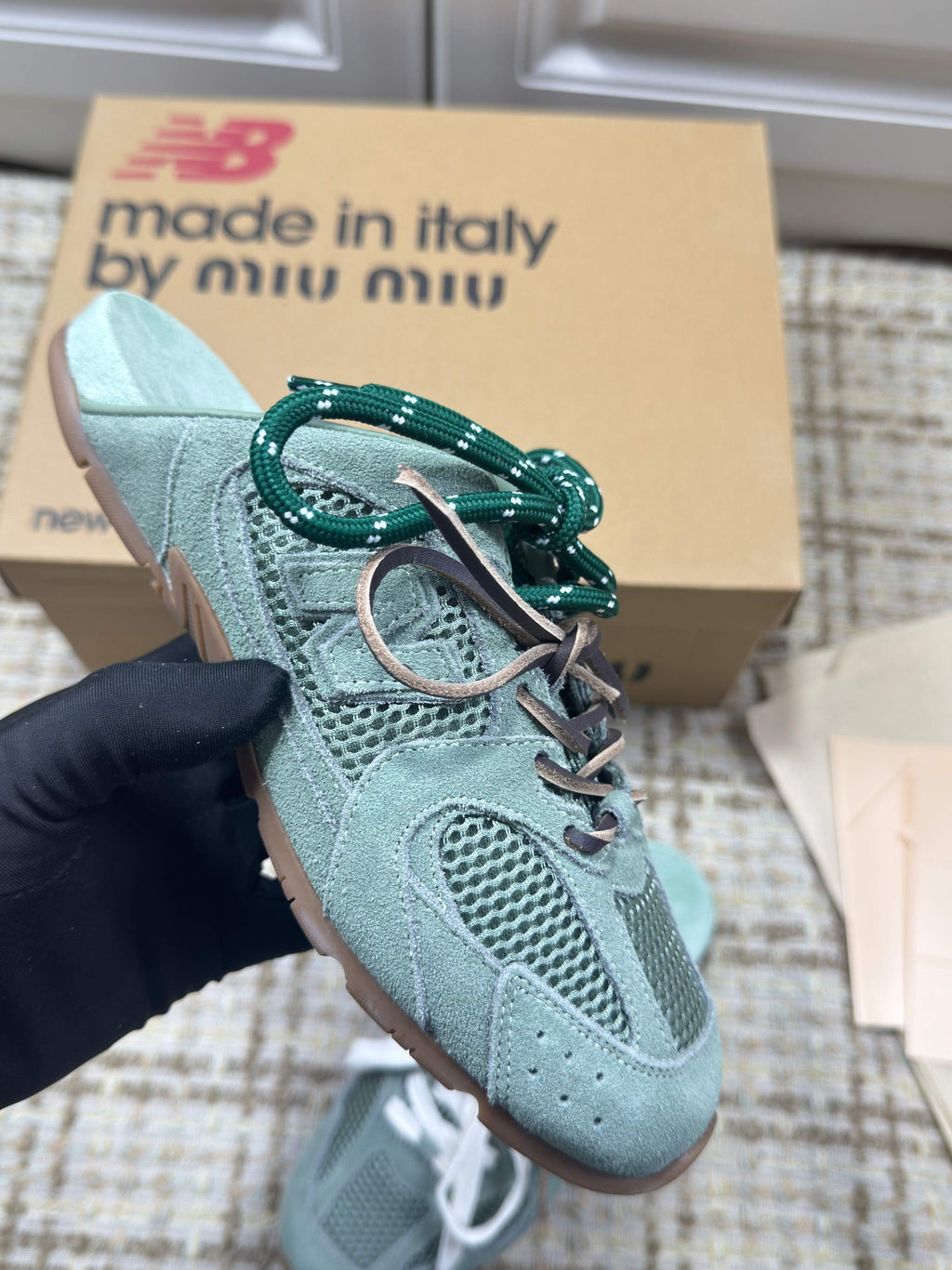 MIUMIU 26S NEW BALANCE SNEAKER MULES IN MINT GREEN SUEDE AND MESH