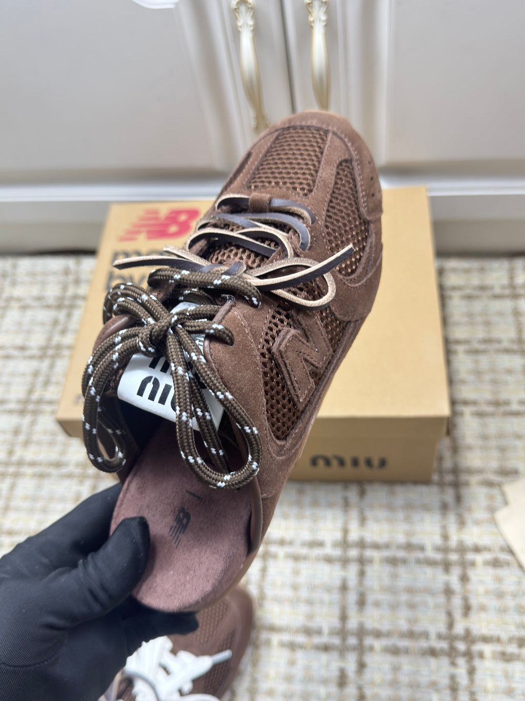MIUMIU 26S NEW BALANCE SNEAKER MULES IN DARK BROWN SUEDE AND MESH