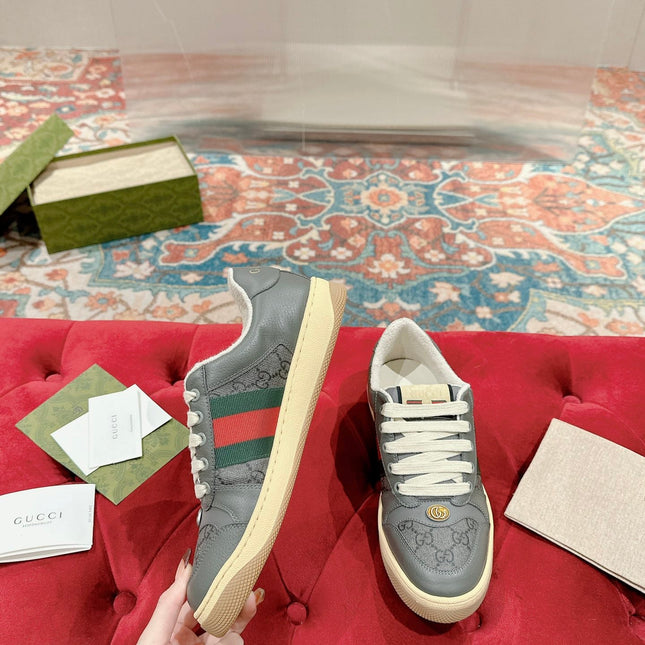 GUCCI 26S SCREENER SNEAKER IN DARK GREY CANVAS AND LEATHER