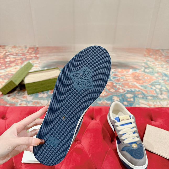 GUCCI 26S SCREENER SNEAKER IN GREY AND BLUE LEATHER