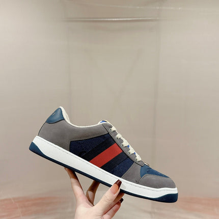 GUCCI 26S SCREENER SNEAKER IN GREY AND BLUE LEATHER