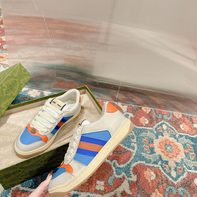 GUCCI 26S SCREENER SNEAKER IN LIGHT BEIGE MIX BLUE LEATHER