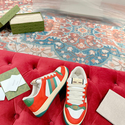 GUCCI 26S SCREENER SNEAKER IN GREEN LEATHER AND ORANGE SUEDE