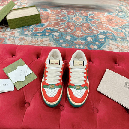 GUCCI 26S SCREENER SNEAKER IN GREEN LEATHER AND ORANGE SUEDE