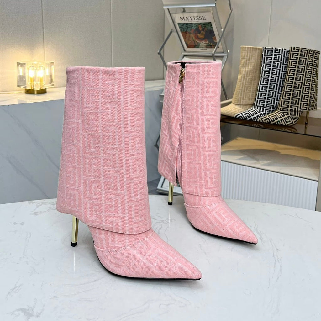 BALMAIN 26S MONOGRAM BOOTS 105 MM IN LIGHT PINK JACQUARD-WOVEN CANVAS
