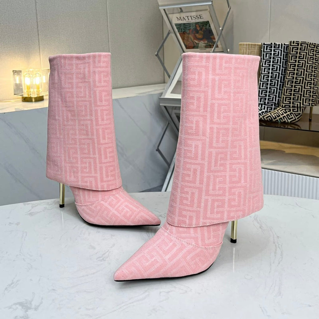 BALMAIN 26S MONOGRAM BOOTS 105 MM IN LIGHT PINK JACQUARD-WOVEN CANVAS