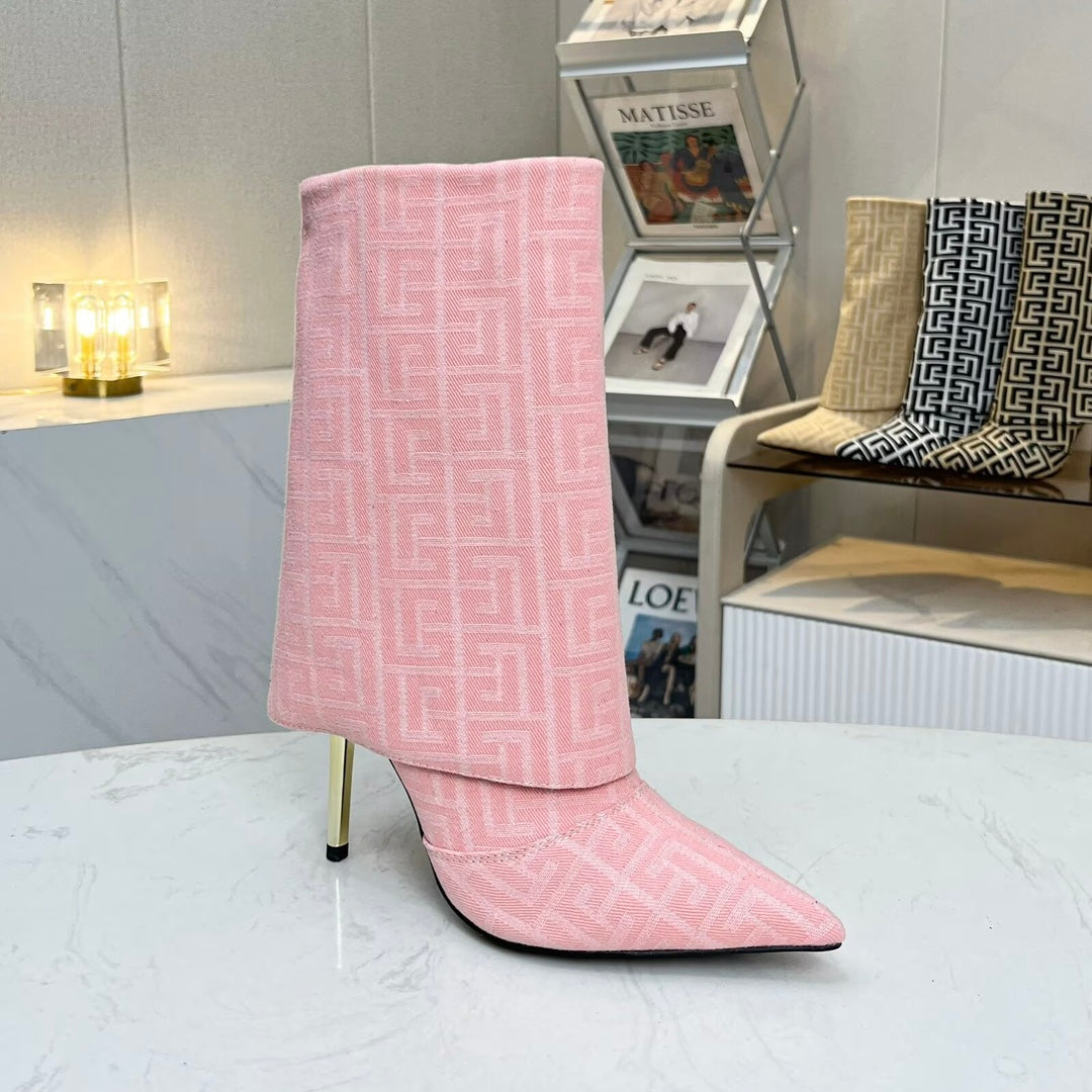 BALMAIN 26S MONOGRAM BOOTS 105 MM IN LIGHT PINK JACQUARD-WOVEN CANVAS