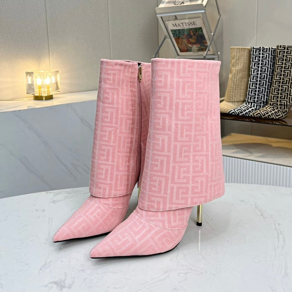 BALMAIN 26S MONOGRAM BOOTS 105 MM IN LIGHT PINK JACQUARD-WOVEN CANVAS
