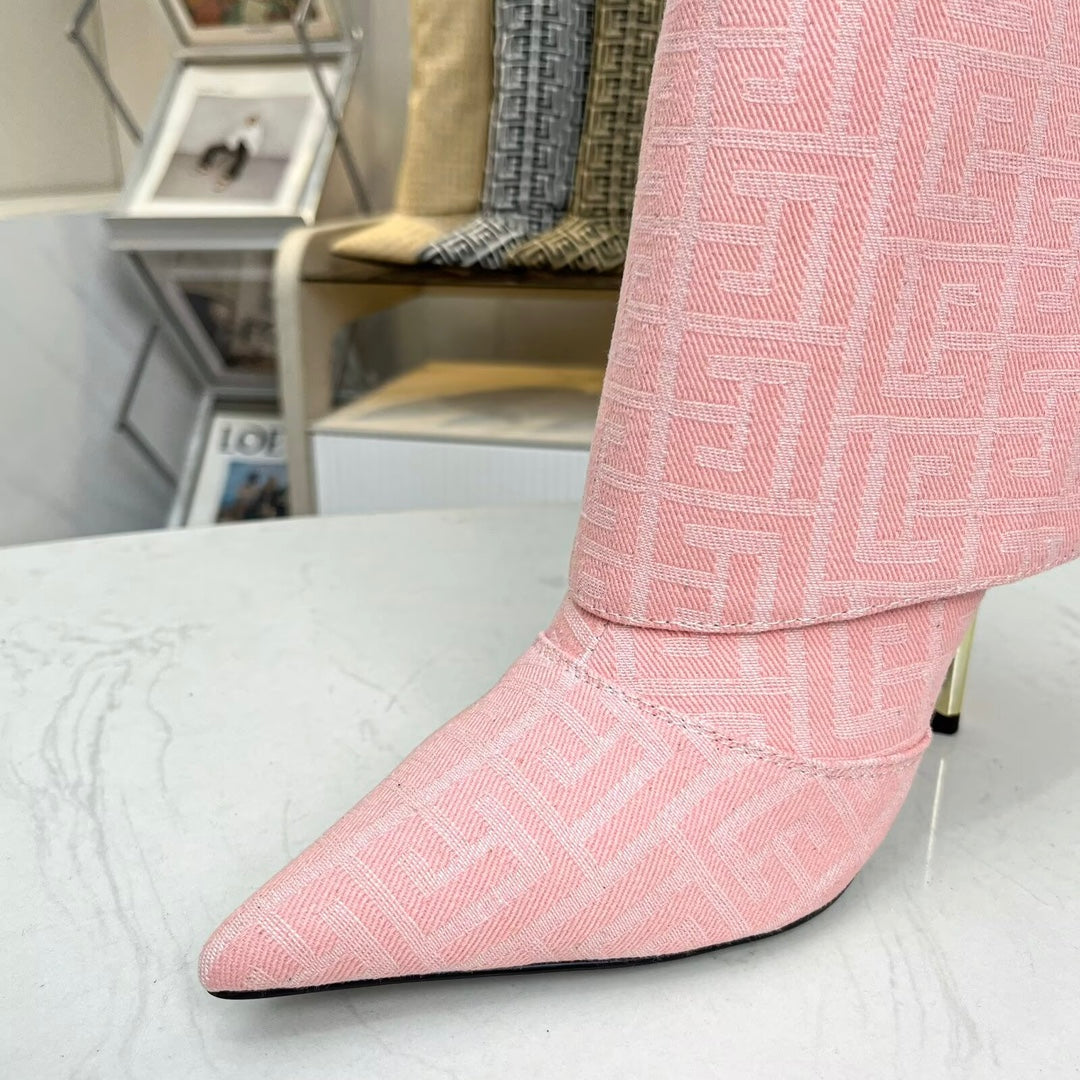 BALMAIN 26S MONOGRAM BOOTS 105 MM IN LIGHT PINK JACQUARD-WOVEN CANVAS