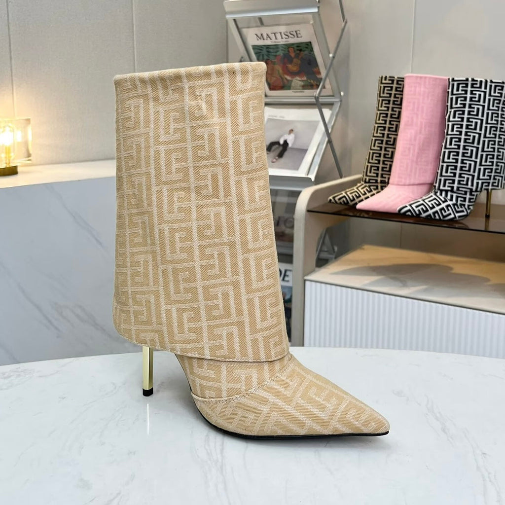BALMAIN 26S MONOGRAM BOOTS 105 MM IN NUDE BEIGE JACQUARD-WOVEN CANVAS