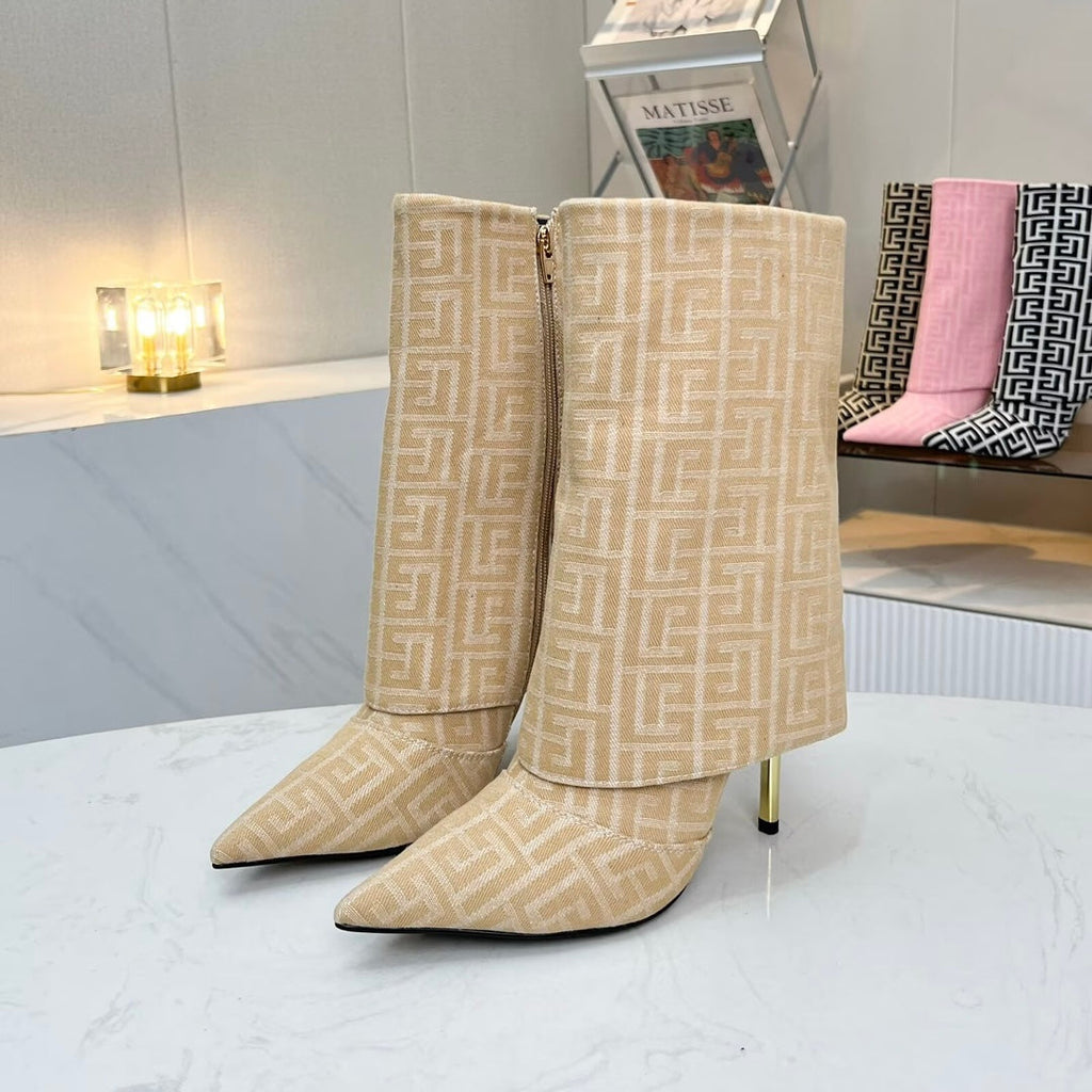 BALMAIN 26S MONOGRAM BOOTS 105 MM IN NUDE BEIGE JACQUARD-WOVEN CANVAS