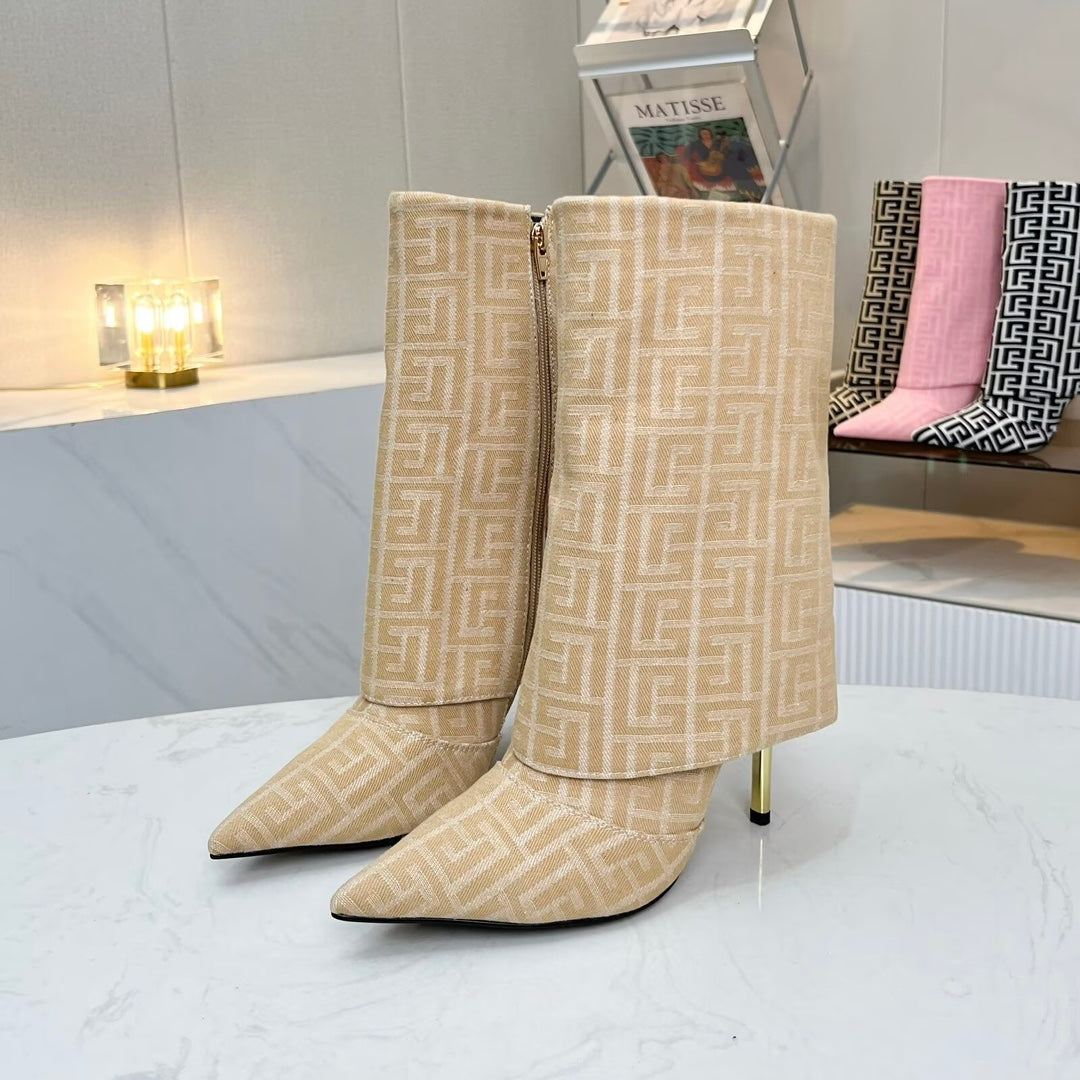 BALMAIN 26S MONOGRAM BOOTS 105 MM IN NUDE BEIGE JACQUARD-WOVEN CANVAS