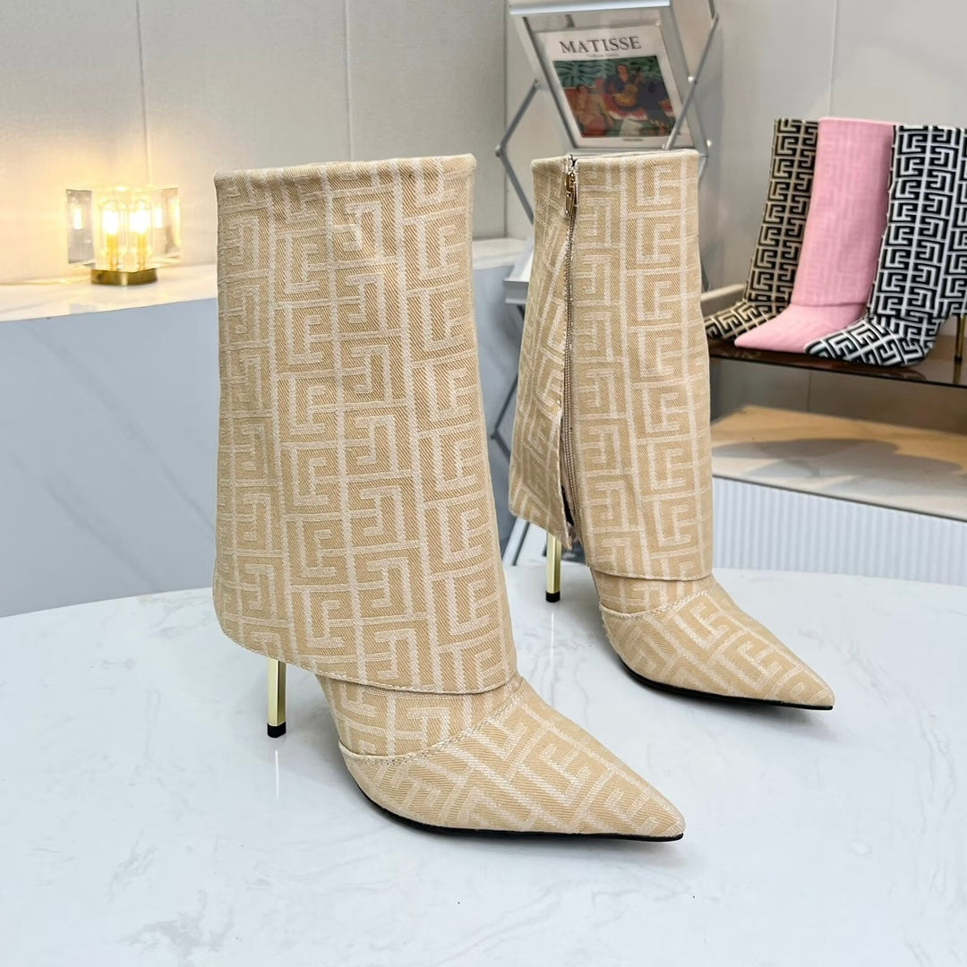 BALMAIN 26S MONOGRAM BOOTS 105 MM IN NUDE BEIGE JACQUARD-WOVEN CANVAS
