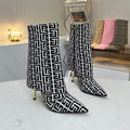 BALMAIN 26S MONOGRAM BOOTS 105 MM IN BLACK AND WHITE JACQUARD-WOVEN CANVAS
