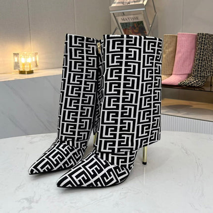BALMAIN 26S MONOGRAM BOOTS 105 MM IN BLACK AND WHITE JACQUARD-WOVEN CANVAS