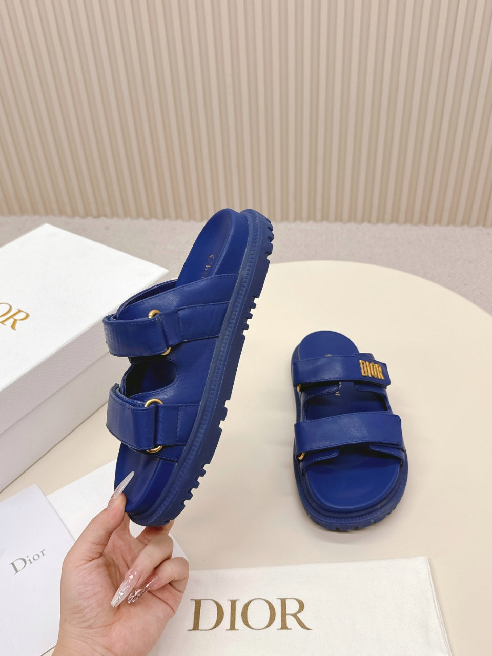 DIOR CLASSIC DOUBLE-STRAP SLIDES 25S IN NAVY BLUE CALFSKIN