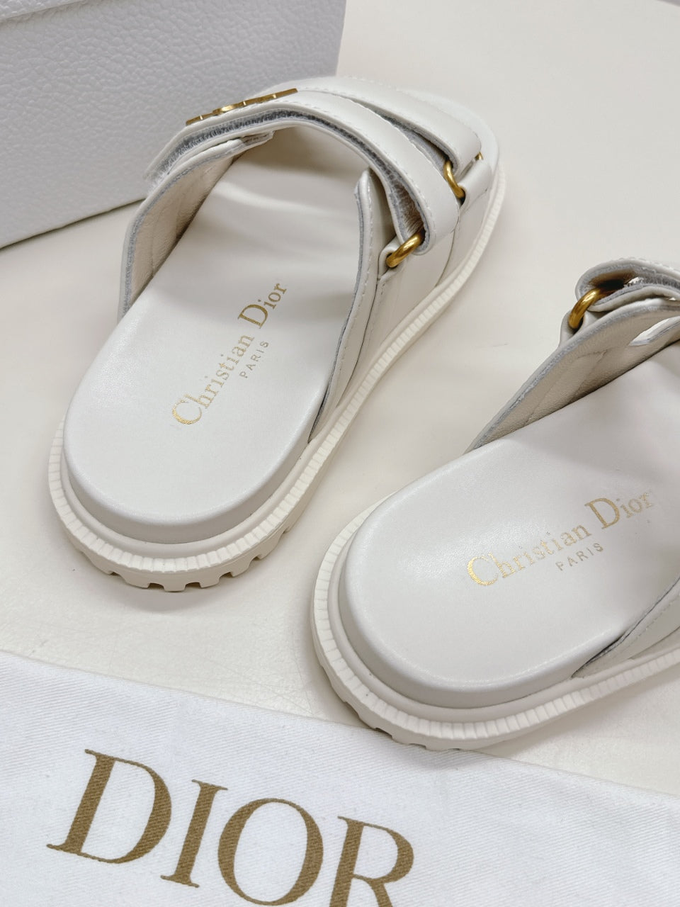 DIOR CLASSIC DOUBLE-STRAP SLIDES 25S IN CREAM WHITE CALFSKIN