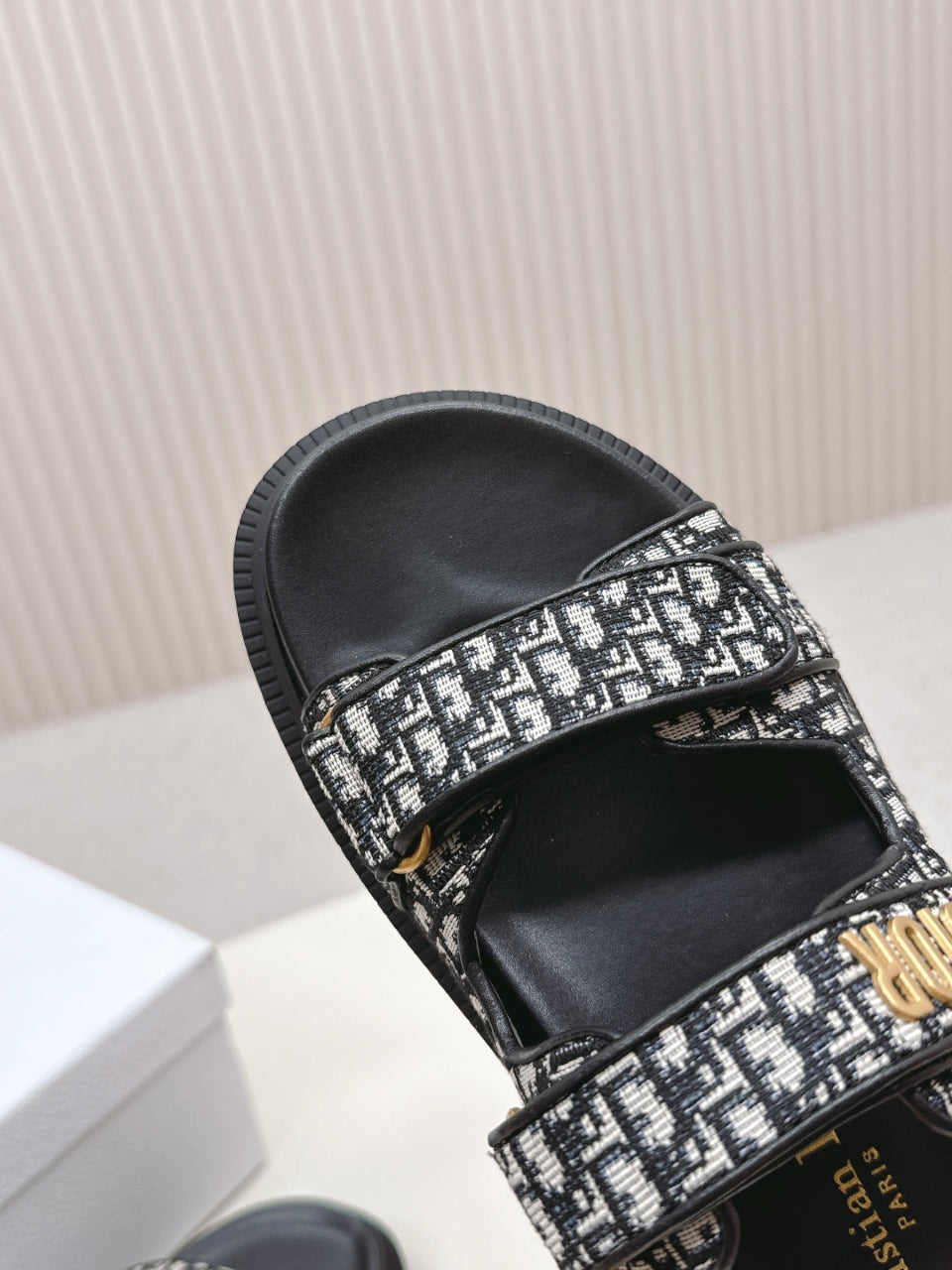 DIOR CLASSIC DOUBLE-STRAP SLIDES 25S IN BLACK FABRIC AND CALFSKIN