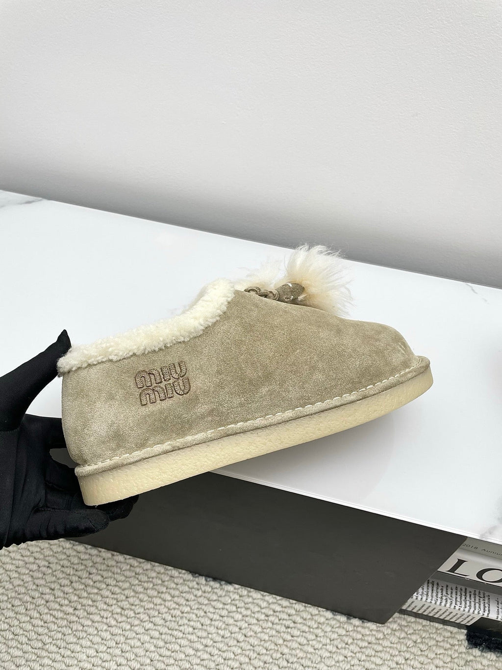 MIUMIU 26S ANKLE SHEARLING BOOTS IN TAUPE BEIGE SUEDE