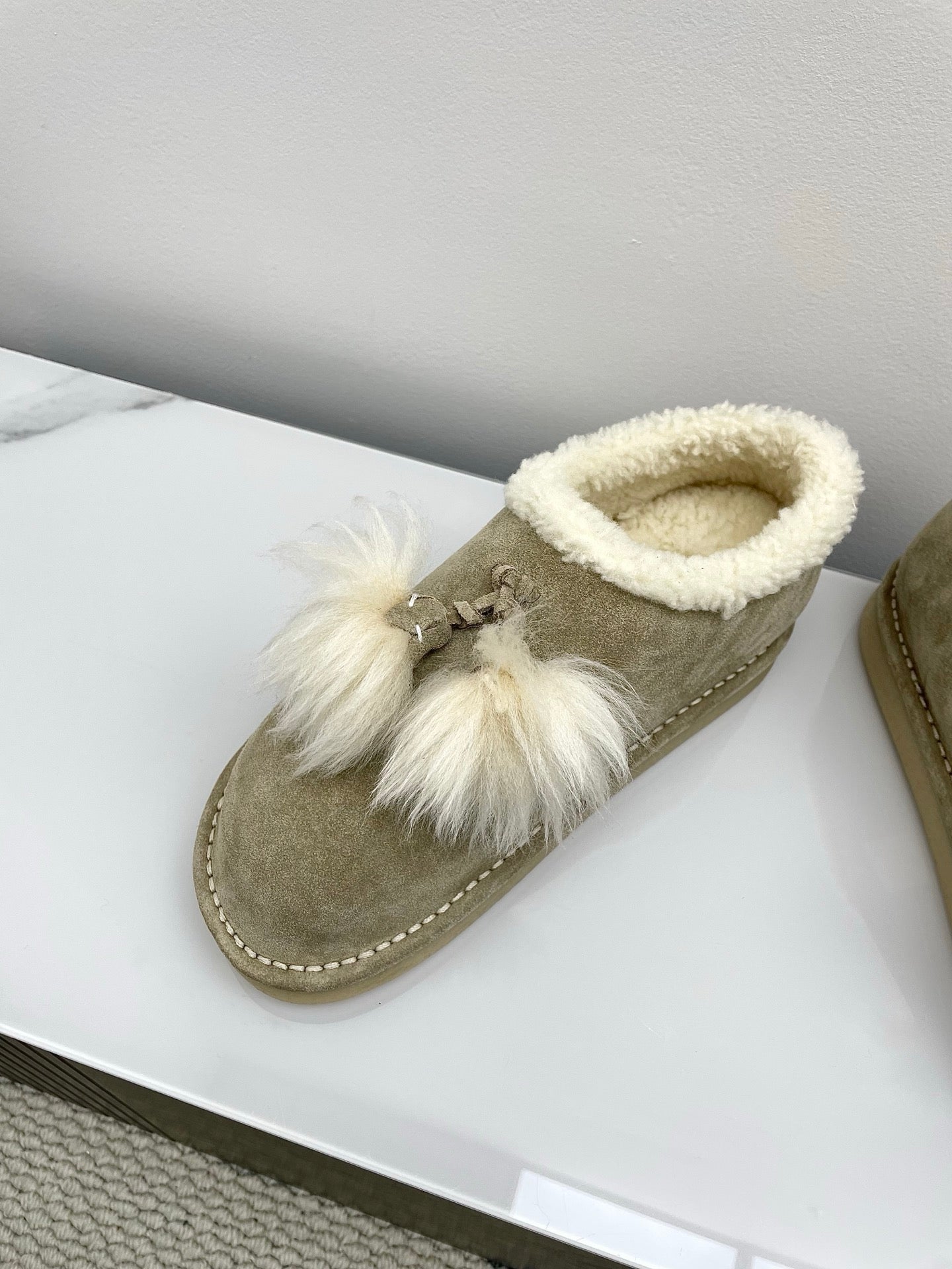 MIUMIU 26S ANKLE SHEARLING BOOTS IN TAUPE BEIGE SUEDE