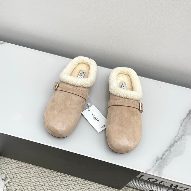 ALAIA 26S MULE IN BEIGE SUEDE AND WOOL
