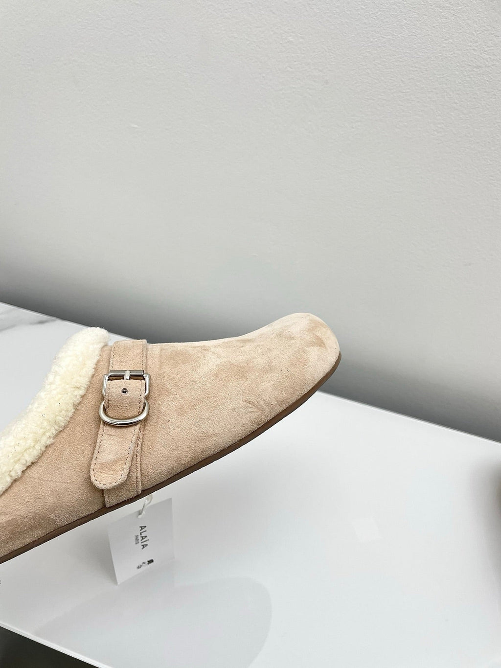 ALAIA 26S MULE IN BEIGE SUEDE AND WOOL
