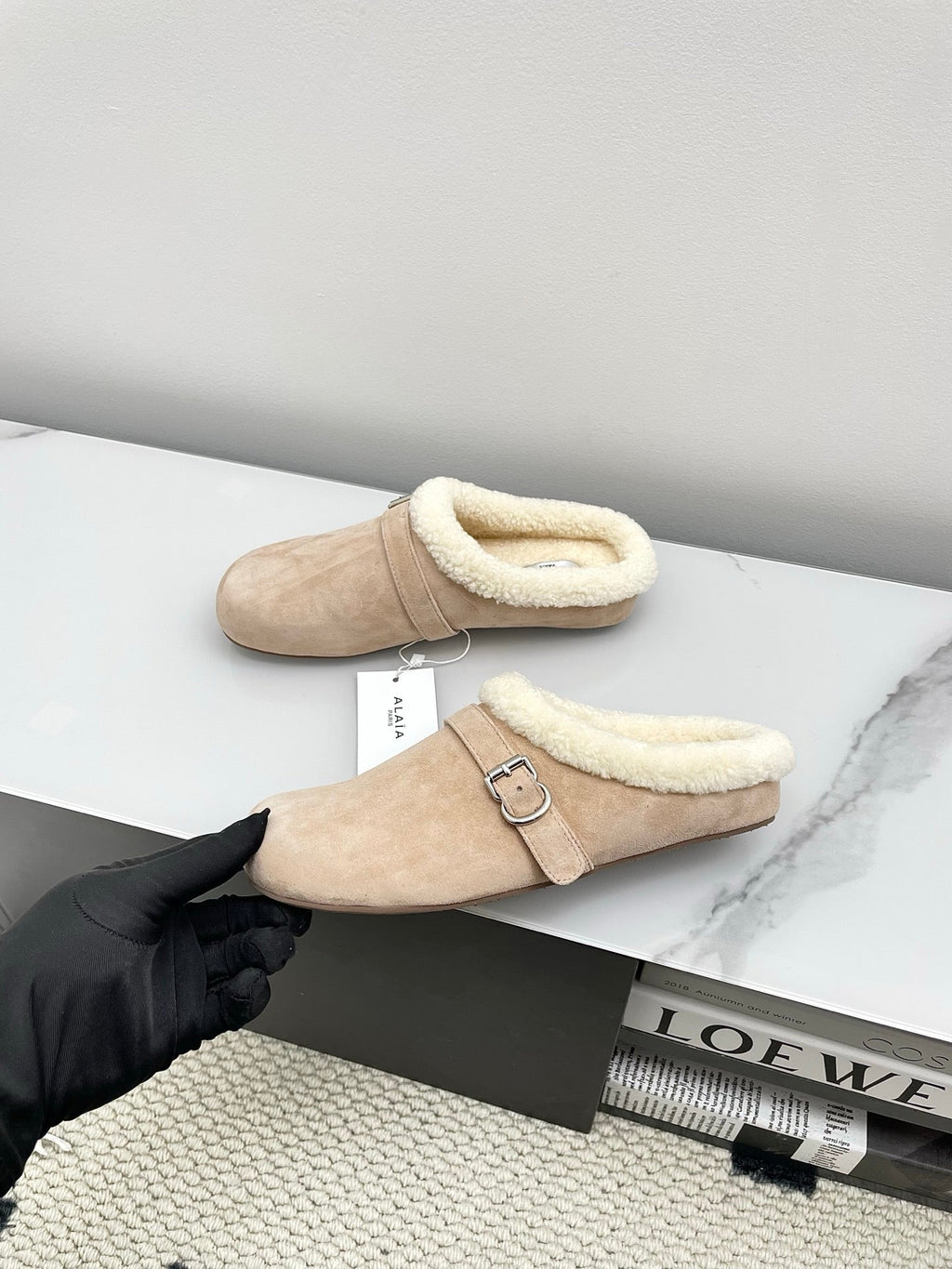 ALAIA 26S MULE IN BEIGE SUEDE AND WOOL