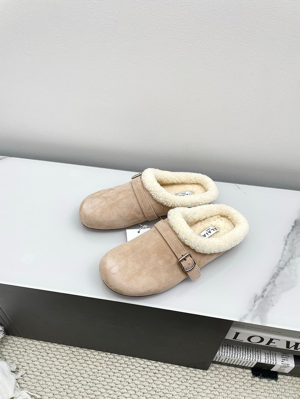 ALAIA 26S MULE IN BEIGE SUEDE AND WOOL