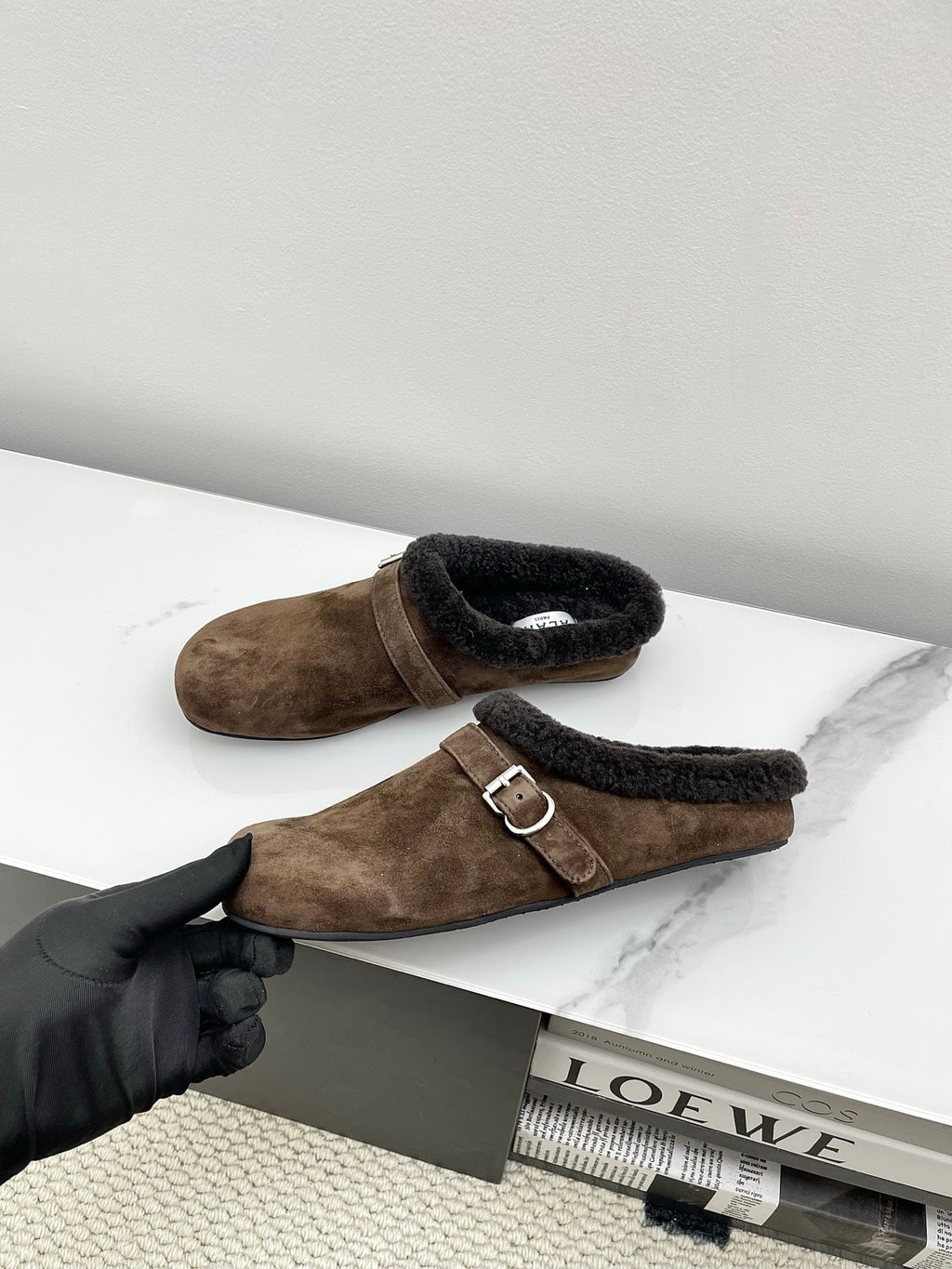 ALAIA 26S MULE IN DARK BROWN SUEDE AND WOOL