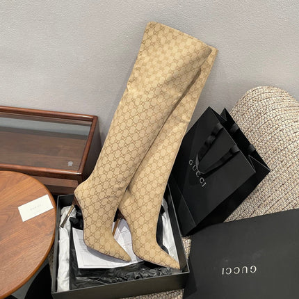 GUCCI 26S OVER THE KNEE BOOTS 85 MM IN BEIGE CANVAS
