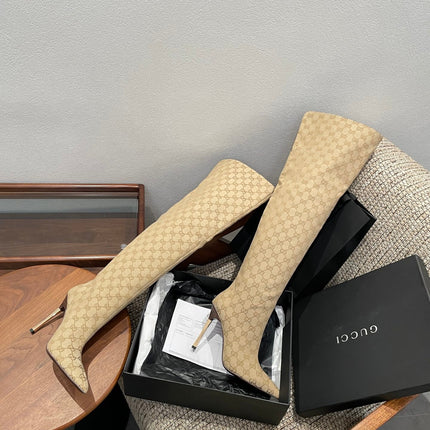GUCCI 26S OVER THE KNEE BOOTS 85 MM IN BEIGE CANVAS