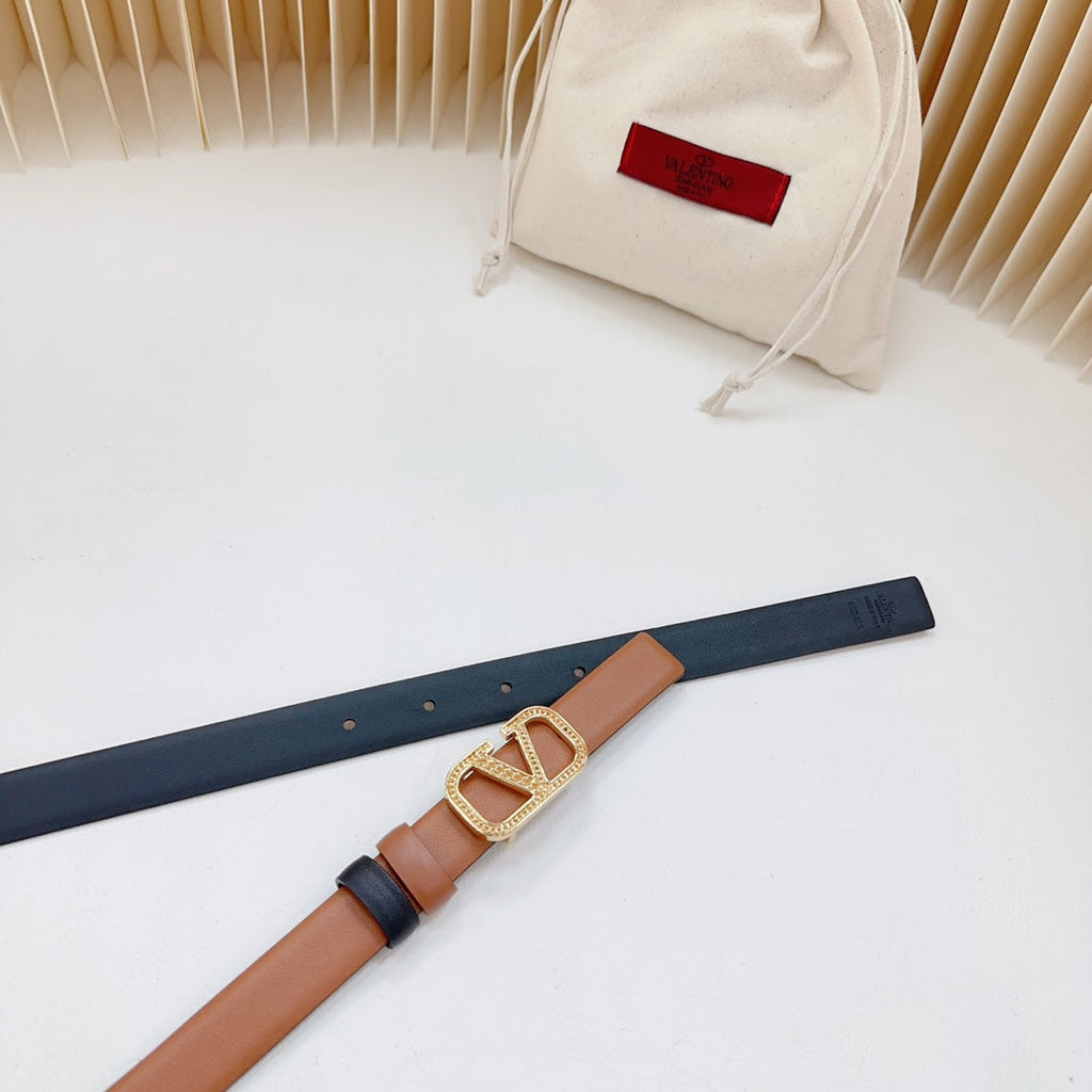 Vlogo Buckle Water Wave Gold Copper Glossy Brown Black Leather 20mm Belt