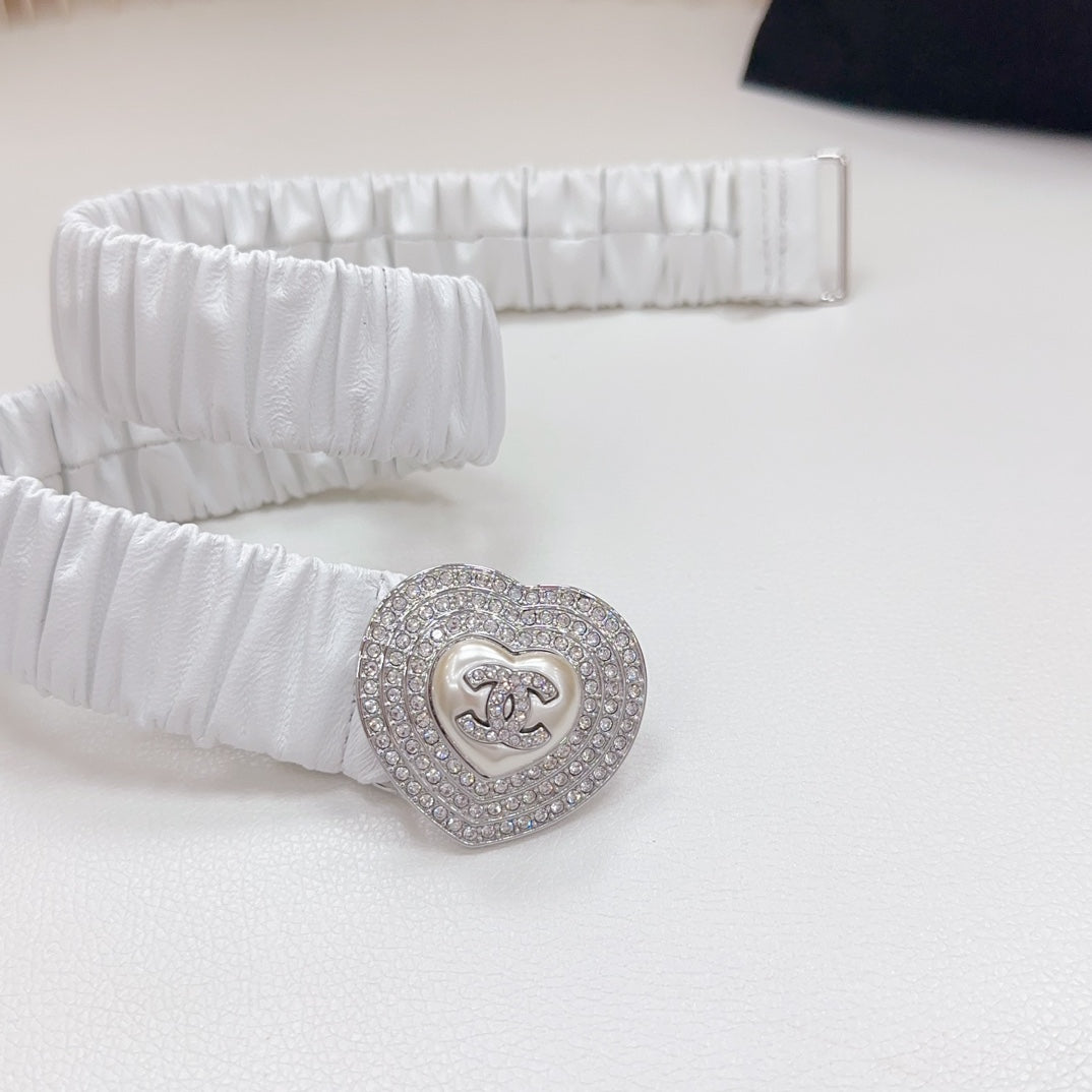 CC ELASTIC 30 MM BELT HEART BUCKLE IN WHITE CALFSKIN SILVER HARDWARE ATTACH RHINSTONES