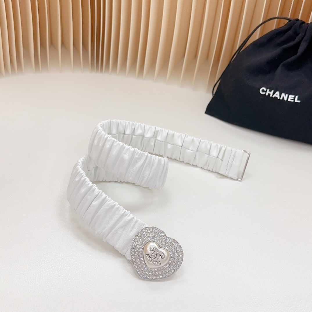 CC ELASTIC 30 MM BELT HEART BUCKLE IN WHITE CALFSKIN SILVER HARDWARE ATTACH RHINSTONES