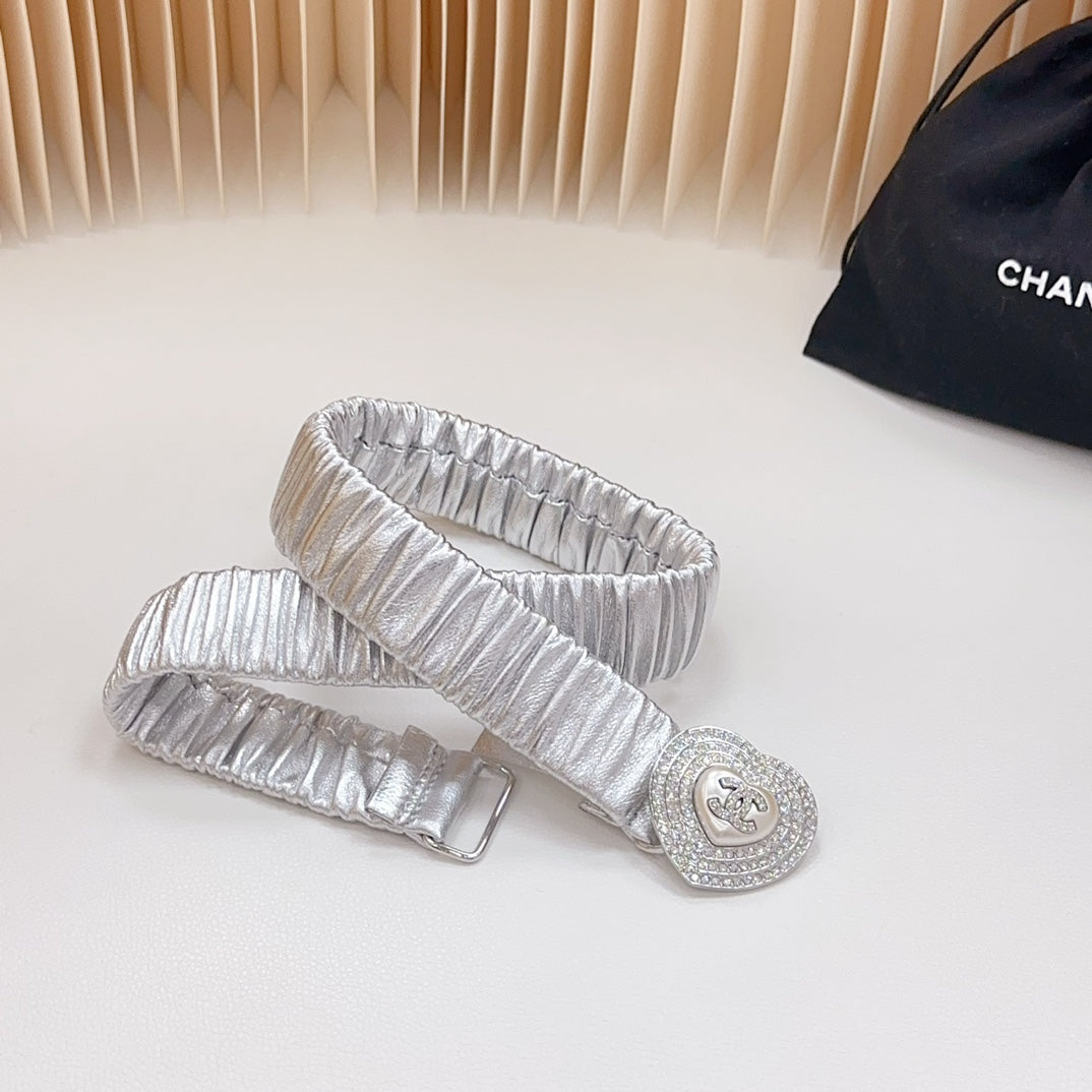 CC ELASTIC 30 MM BELT HEART BUCKLE IN SILVER CHIFFON CALFSKIN SILVER HARDWARE ATTACH RHINSTONES