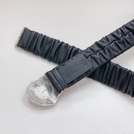 CC ELASTIC 30 MM BELT HEART BUCKLE IN BLACK CALFSKIN SILVER HARDWARE ATTACH RHINSTONES
