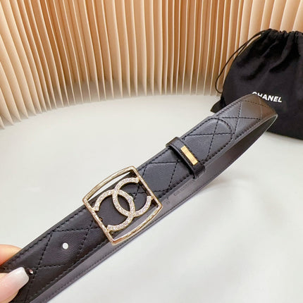 CC 30 MM BELT SQUARE BUCKLE IN BLACK EMBROIDERED CALFSKIN GOLD HARDWARE ATTACH RHINSTONES