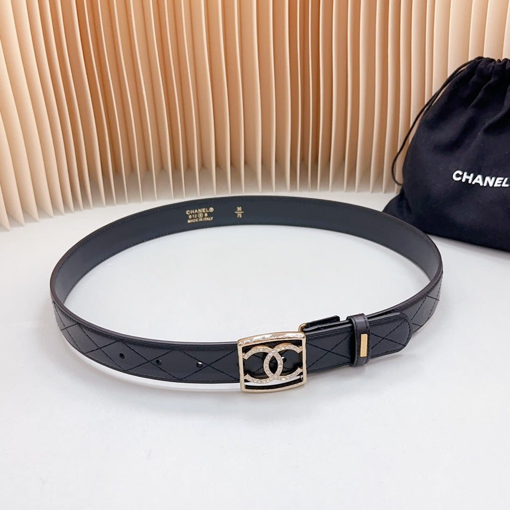 CC 30 MM BELT SQUARE BUCKLE IN BLACK EMBROIDERED CALFSKIN GOLD HARDWARE ATTACH RHINSTONES