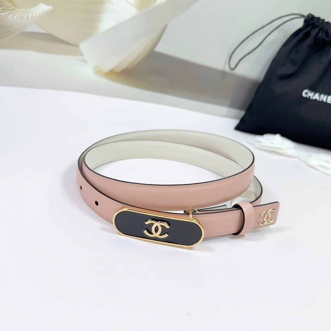 CC BELT 20 MM IN PEACHY PINK CALFSKIN WITH GOLD MIX BLACK METAL BUCKLE