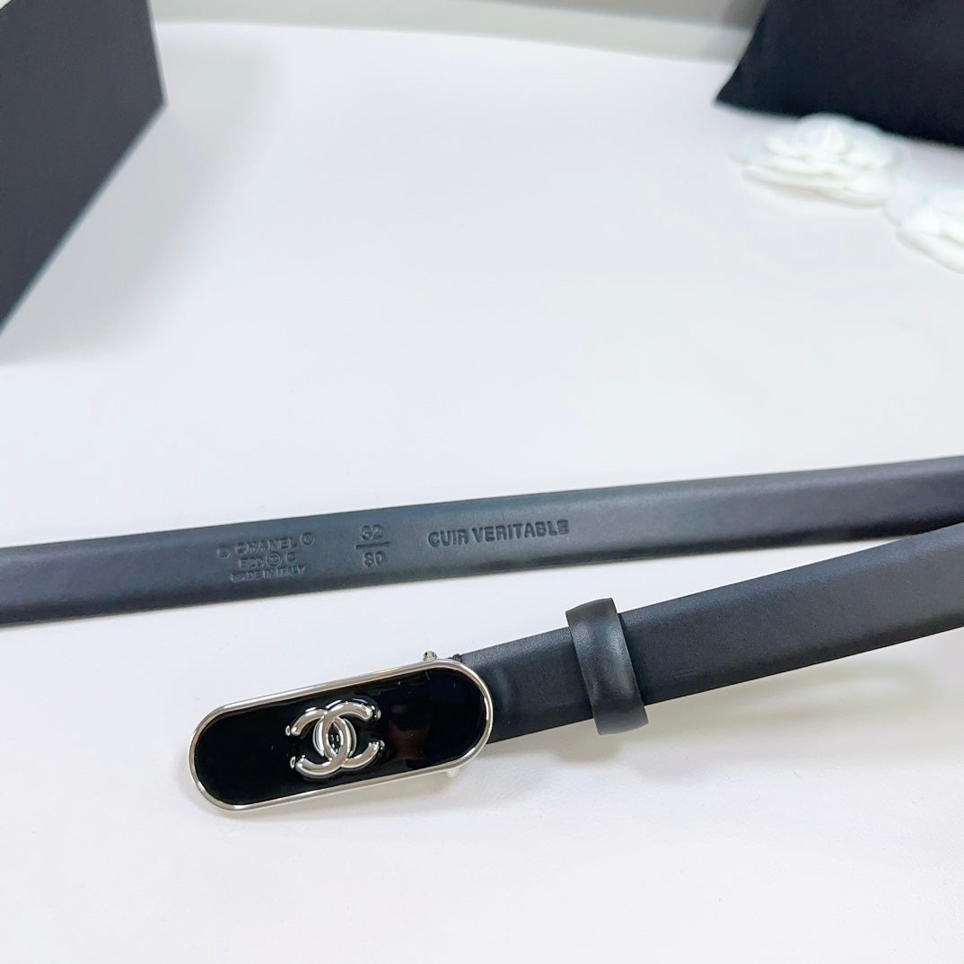 CC BELT 20 MM IN BLACK CALFSKIN WITH SILVER MIX BLACK METAL BUCKLE