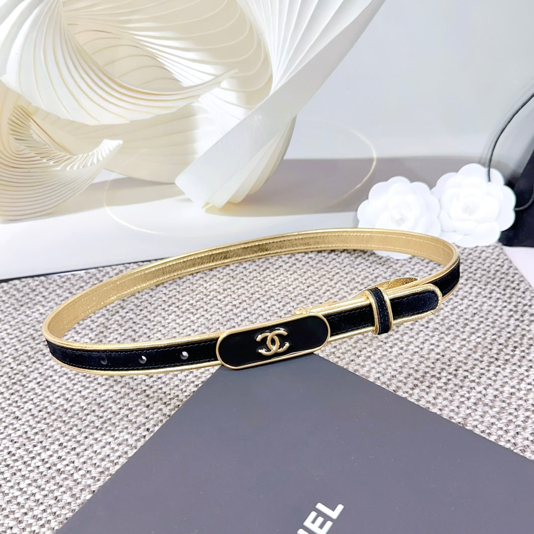 CC BELT 20 MM IN BLACK AND GOLDEN CALFSKIN WITH METAL BUCKLE