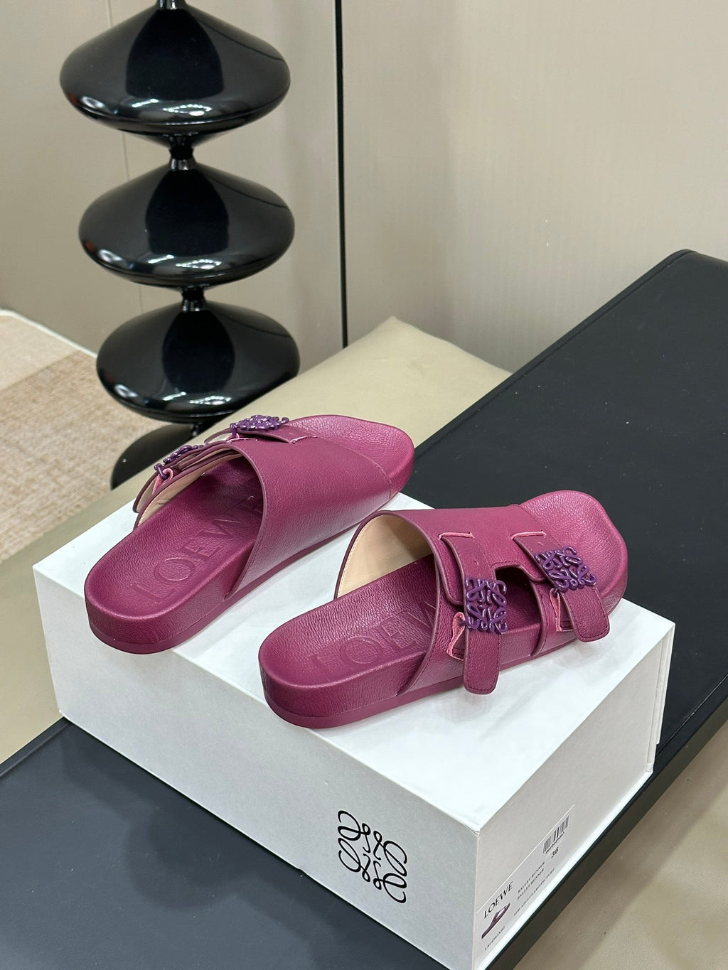 LOEWE 26S EASE SLIDE IN WINE RED CALFSKIN