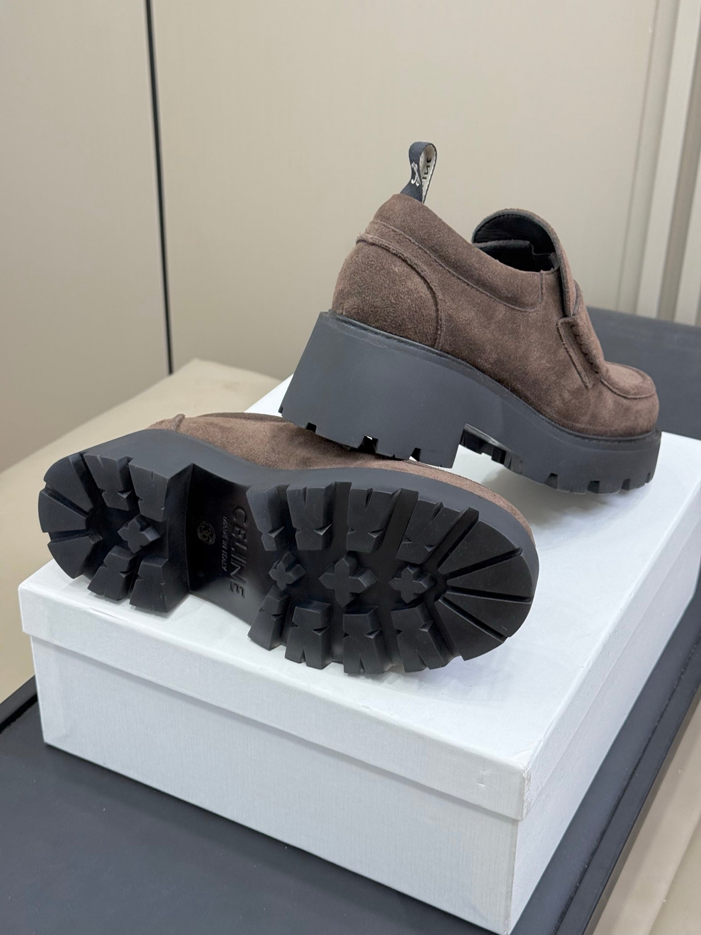 CELINE 25S SERIN CHUNKY LOAFERS 50MM IN BROWN SUEDE