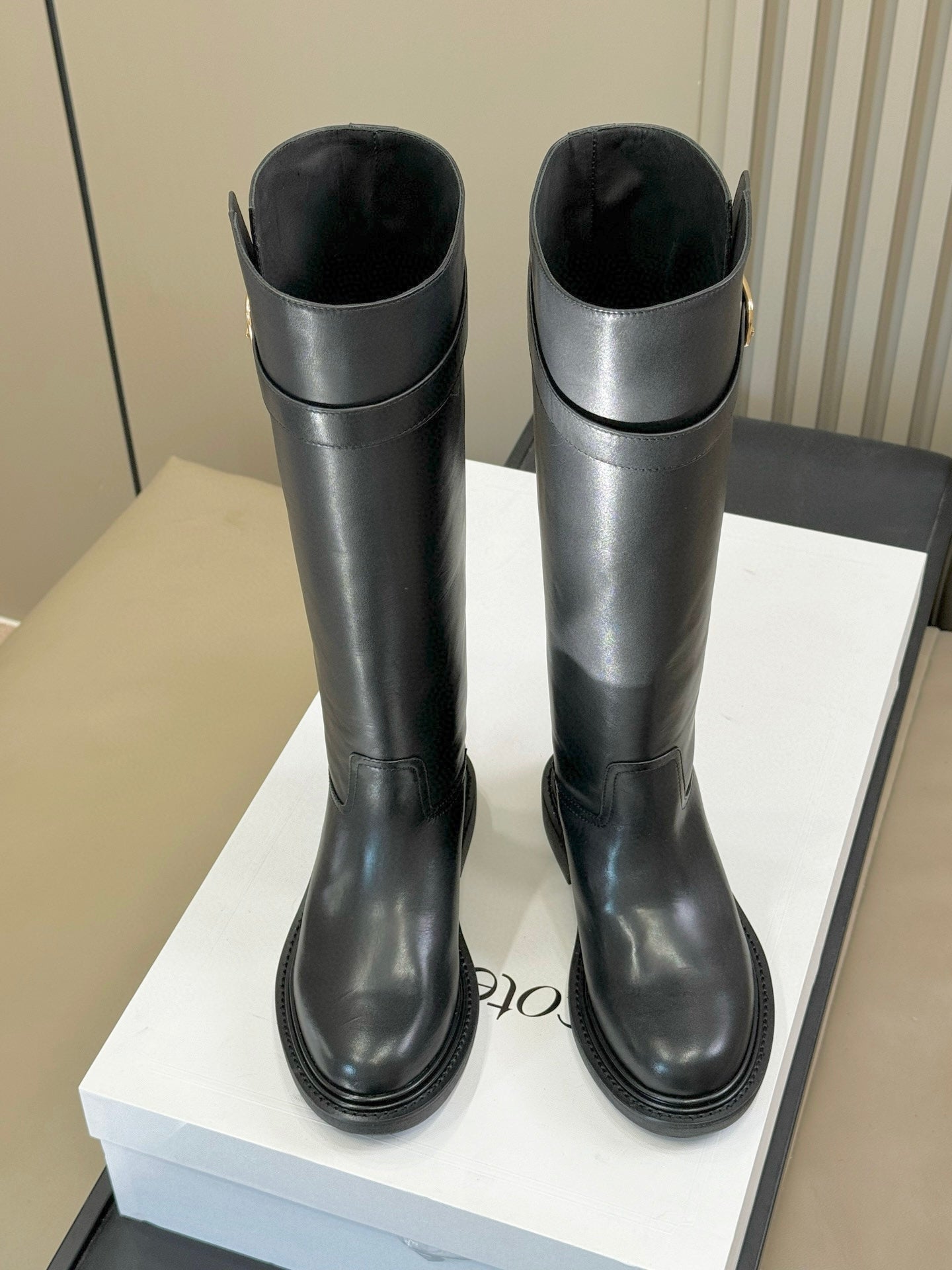 CELINE 26S HIGH-TOP BOOTS IN BLACK CALFSKIN WITH GOLD HARDWARE