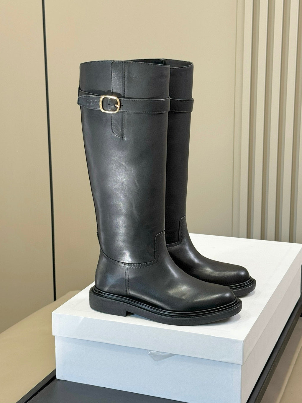 CELINE 26S HIGH-TOP BOOTS IN BLACK CALFSKIN WITH GOLD HARDWARE