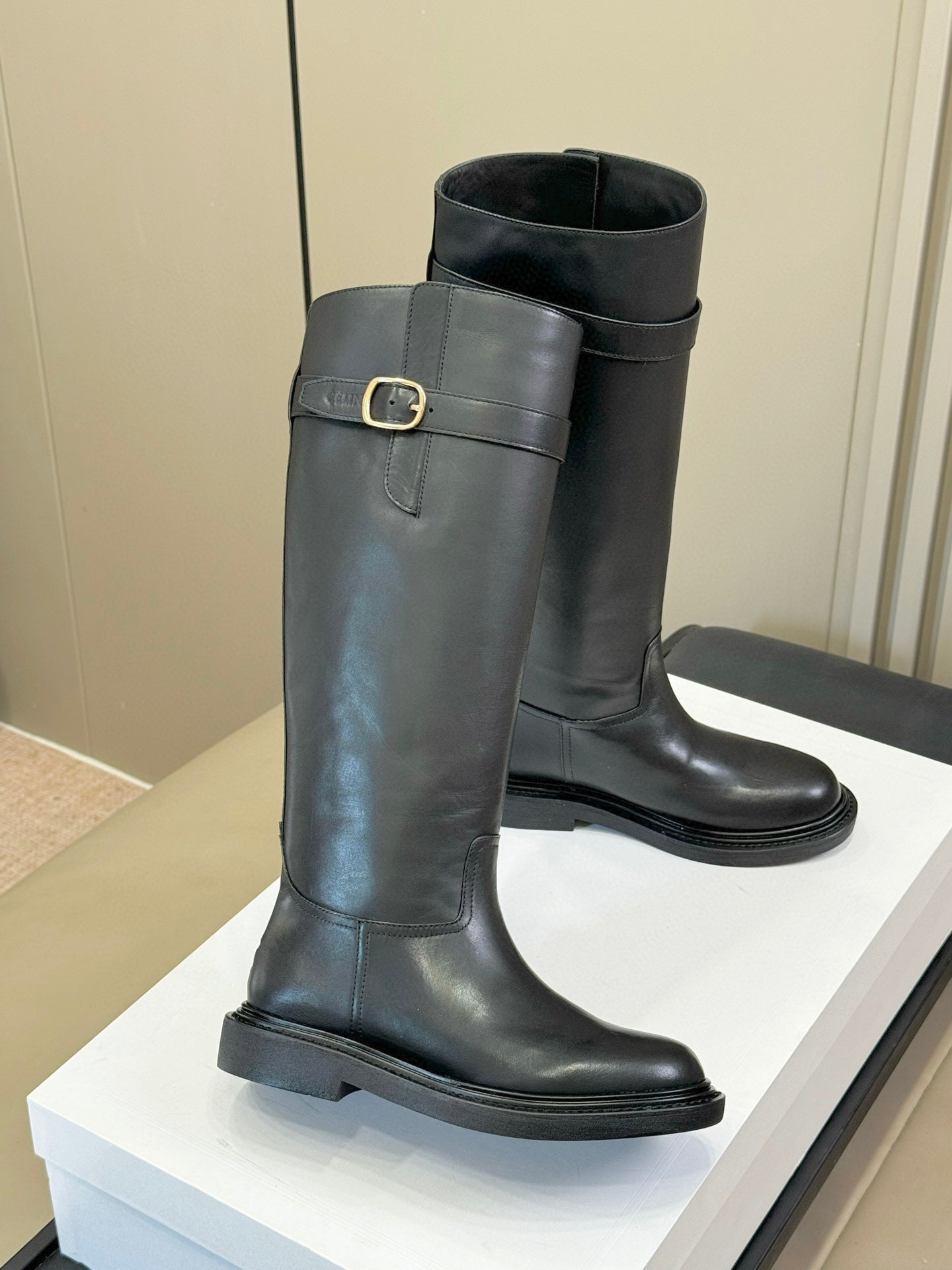 CELINE 26S HIGH-TOP BOOTS IN BLACK CALFSKIN WITH GOLD HARDWARE