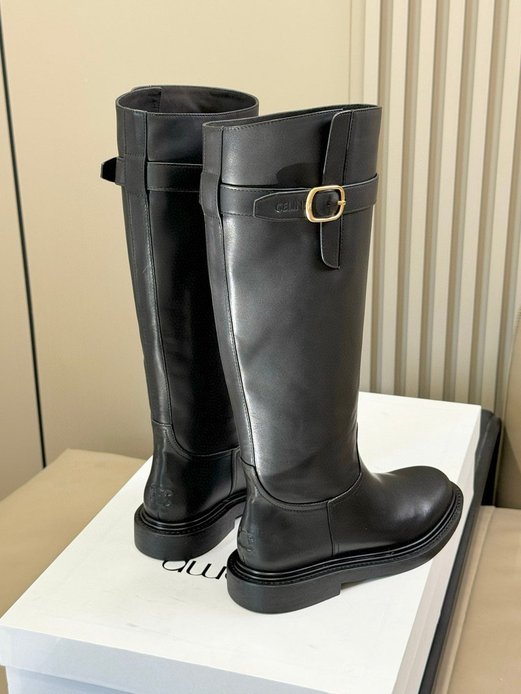 CELINE 26S HIGH-TOP BOOTS IN BLACK CALFSKIN WITH GOLD HARDWARE