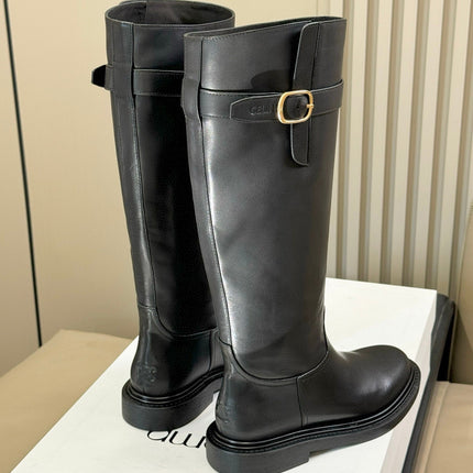 CELINE 26S HIGH-TOP BOOTS IN BLACK CALFSKIN WITH GOLD HARDWARE