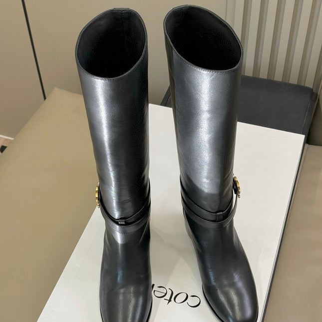 CELINE 26S HIGH-TOP HEELED BOOTS IN BLACK CALFSKIN