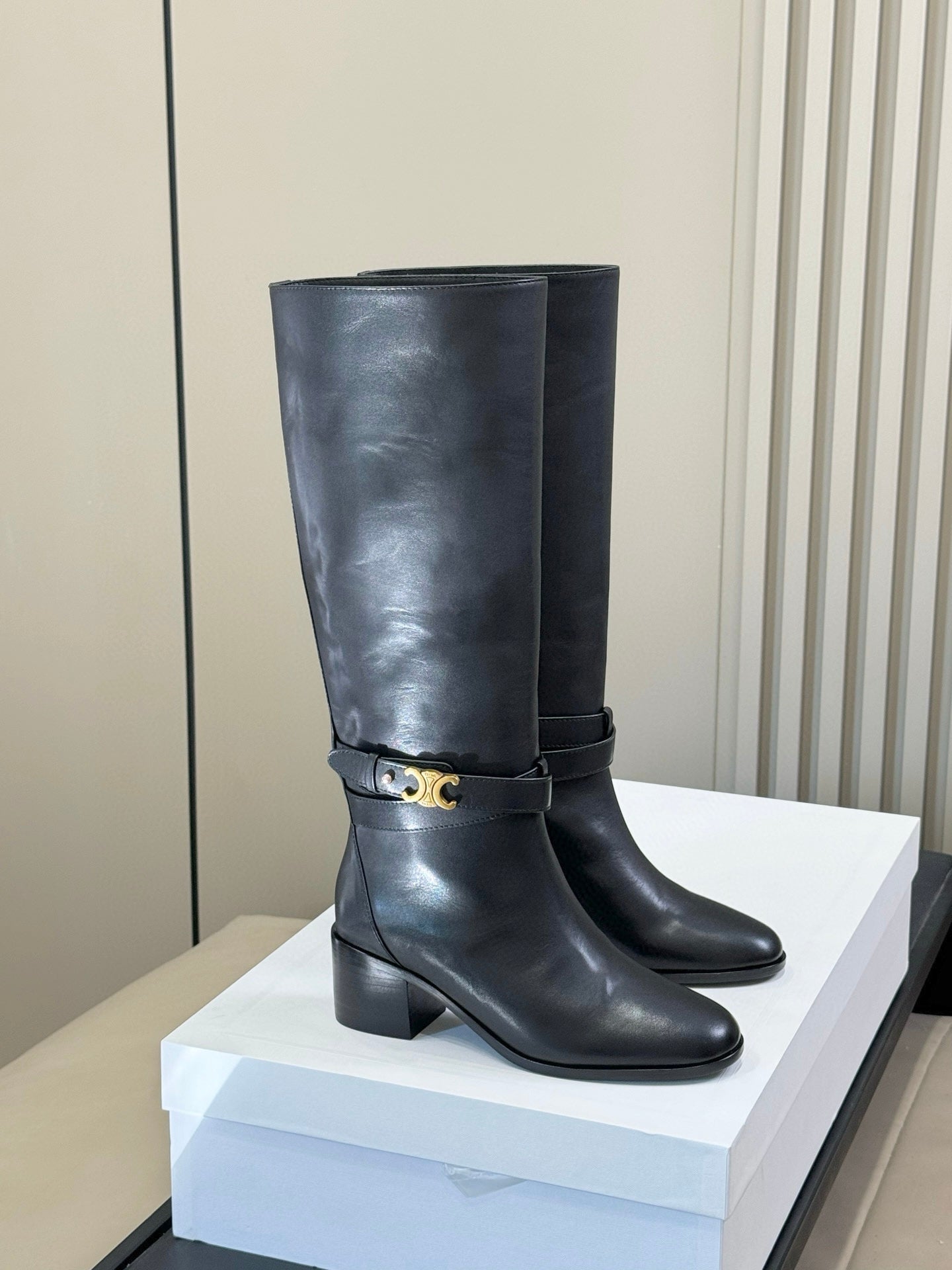 CELINE 26S HIGH-TOP HEELED BOOTS IN BLACK CALFSKIN